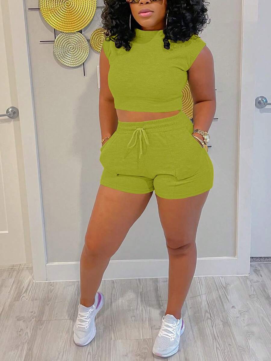 Slaydiva Plus Size Yellow Sleeveless Casual Street Slouchy Slim Sports Shorts Macaron Dopamine Color Shorts Ladies Elastic Waist Suit-F