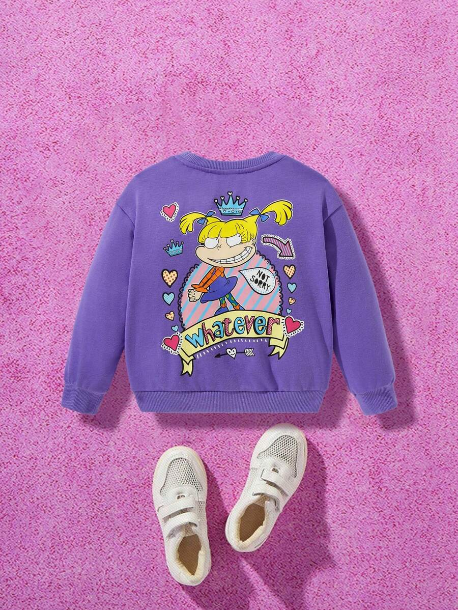 Nick 90s X SHEIN Felpa oversize con stampa di cartoni animati carini a spalle scoperte per ragazza, viola