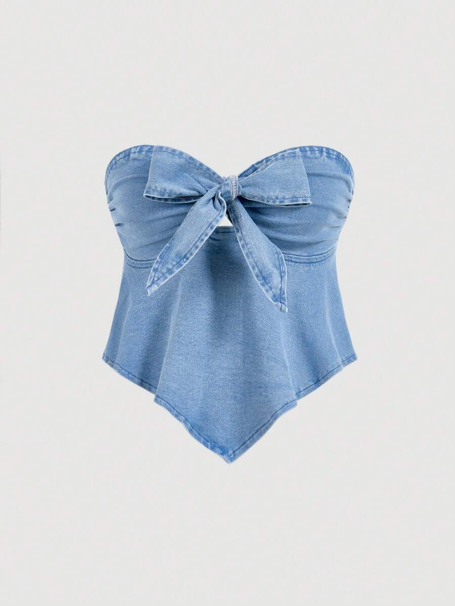 SHEIN MOD Women's Vintage Sweet Blue Denim Shirt With Bow-Knot Decoration And Elasticity,Corset Top,Going Out Tops,Back To School Tops,Cute Tops,Off The Shoulder Tops,Light Blue Tops,Tight Tops,Bow Tops,Fitted Tops
