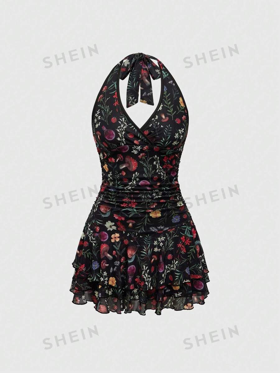 ROMWE Vestido de playa con estampado completo, con cuello de halter, espalda descubierta y fruncido, casual para vacaciones para mujer