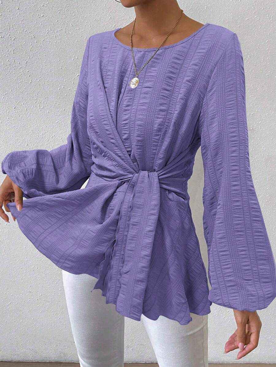 SHEIN LUNE Blusa informal de manga farol asimétrica con nudo de mujer para primavera/otoño, con textura a cuadros