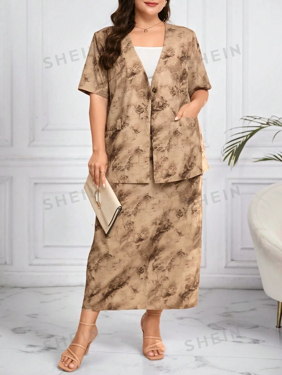 Mulvari Conjunto de 2 piezas con chaqueta y falda de tela efecto tie-dye con bolsillos duales en talla grande