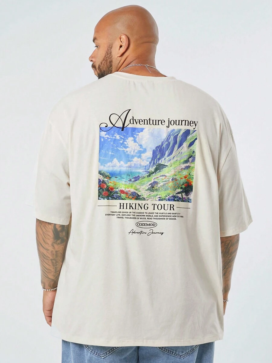 Manfinity NXTstreet Men's Plus Size Casual Knitted Landscape Illustration Printed Loose Fit Drop Shoulder Round Neck Short Sleeve T-Shirt, Suitable For Summer