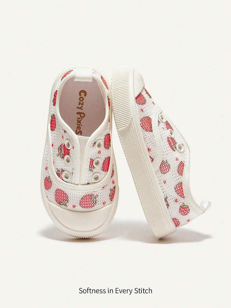 Cozy Pixies Zapatillas Sin Cordones Con Patrón De Frutas De Fresa Para Niñas Con Malla Transpirable, Banda Elástica, Lindas Y Cómodas, Adecuadas Para Uso Diario (patrón Aleatorio)