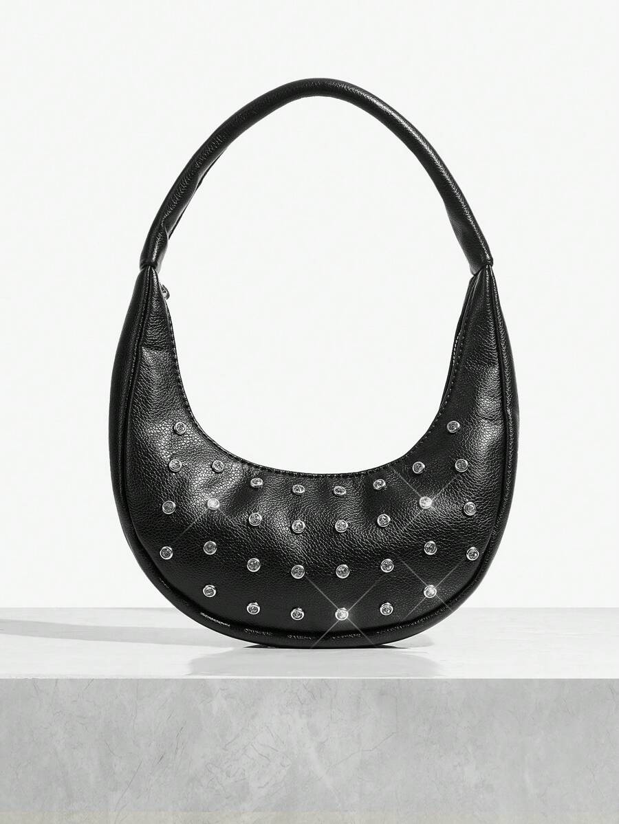 SHEIN SXY LADIES, WOMEN Shoulder Bag, HOBO BAG Fashionable, Street, Cool, Individual, Simple, Black, Rhinestone, Y2k Bag, 2000s Fashion Style, Gothic Punk Bag For Women