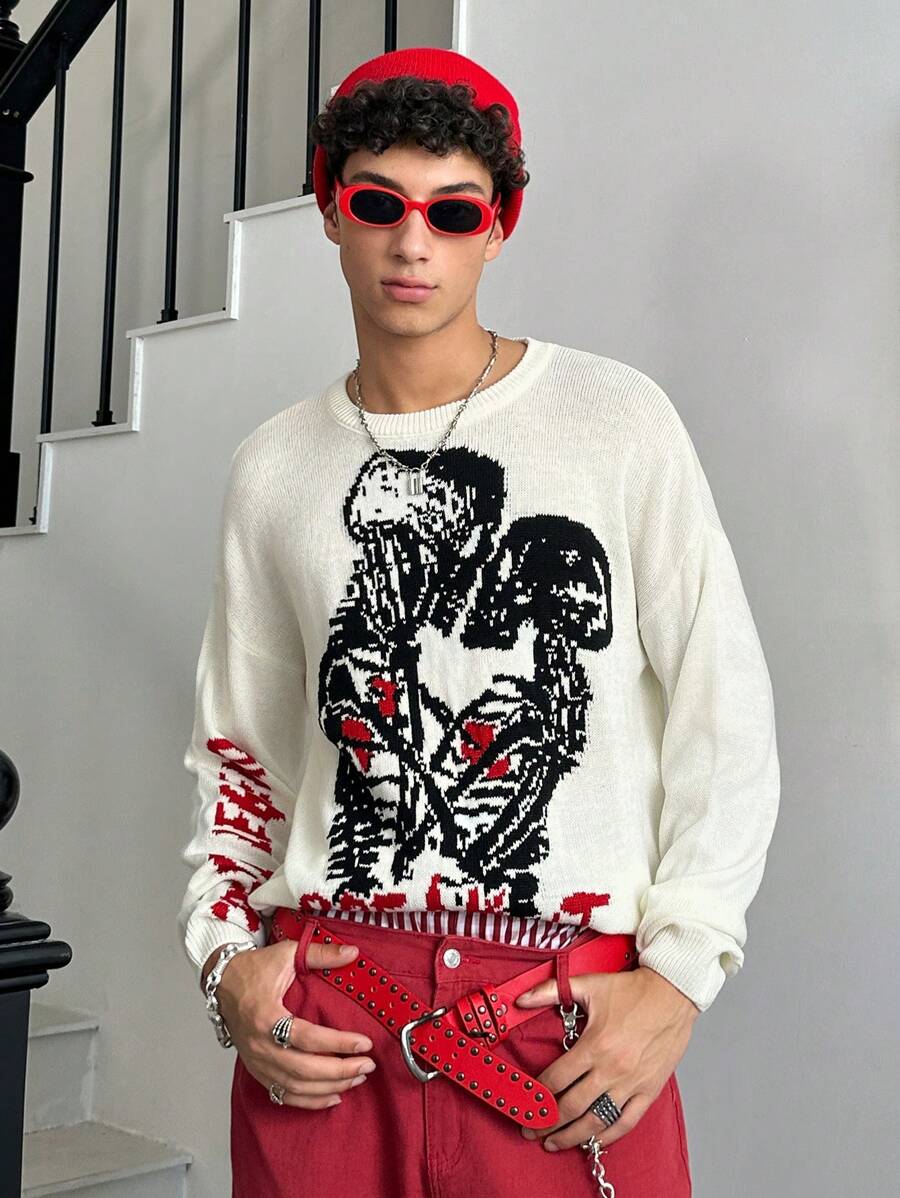 Manfinity VCAY 1pc Heren Y2K Kleding Grappige Casual Oversize Trendy High Street Vintage Stijl Skelet Lange Mouw Grafische Trui Terug Naar School Herfstkleding Halloween Kleding
