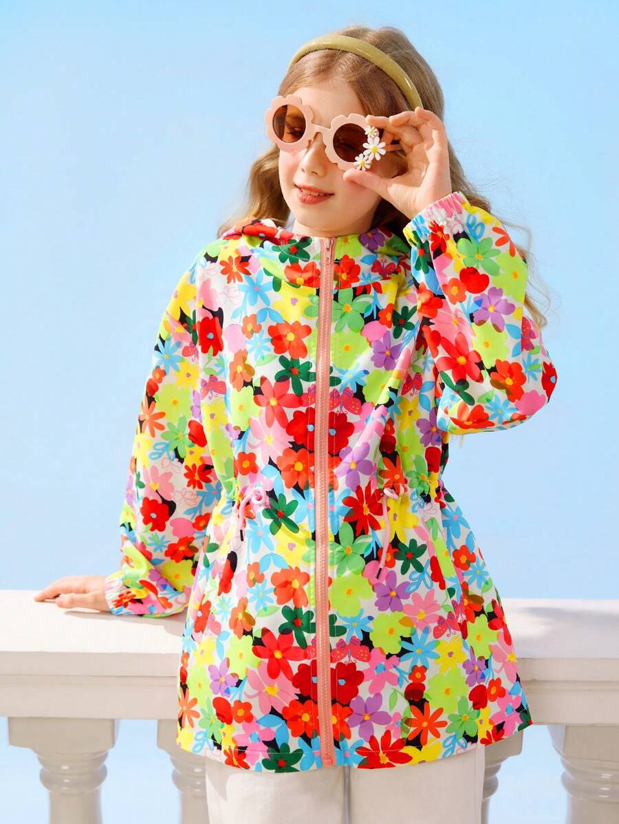 SHEIN Tween Mädchen Reißverschluss Blumen Muster Taillenbund Kapuze Freizeit Urlaubsjacke