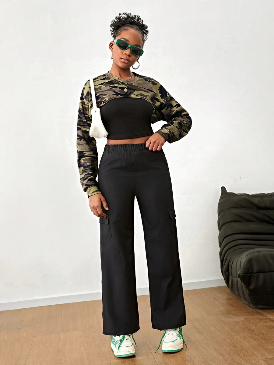 SHEIN Teenage Girls Camouflage Crop Top With Black Strap & Simple Cargo Pants High Street Style Cool 3pcs Outfit