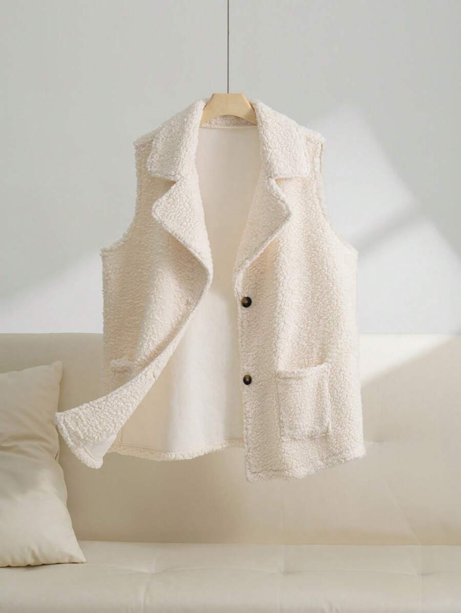 SHEIN Essnce Plus Size Sleeveless Turn-Down Collar Vest With Pockets, For Winter