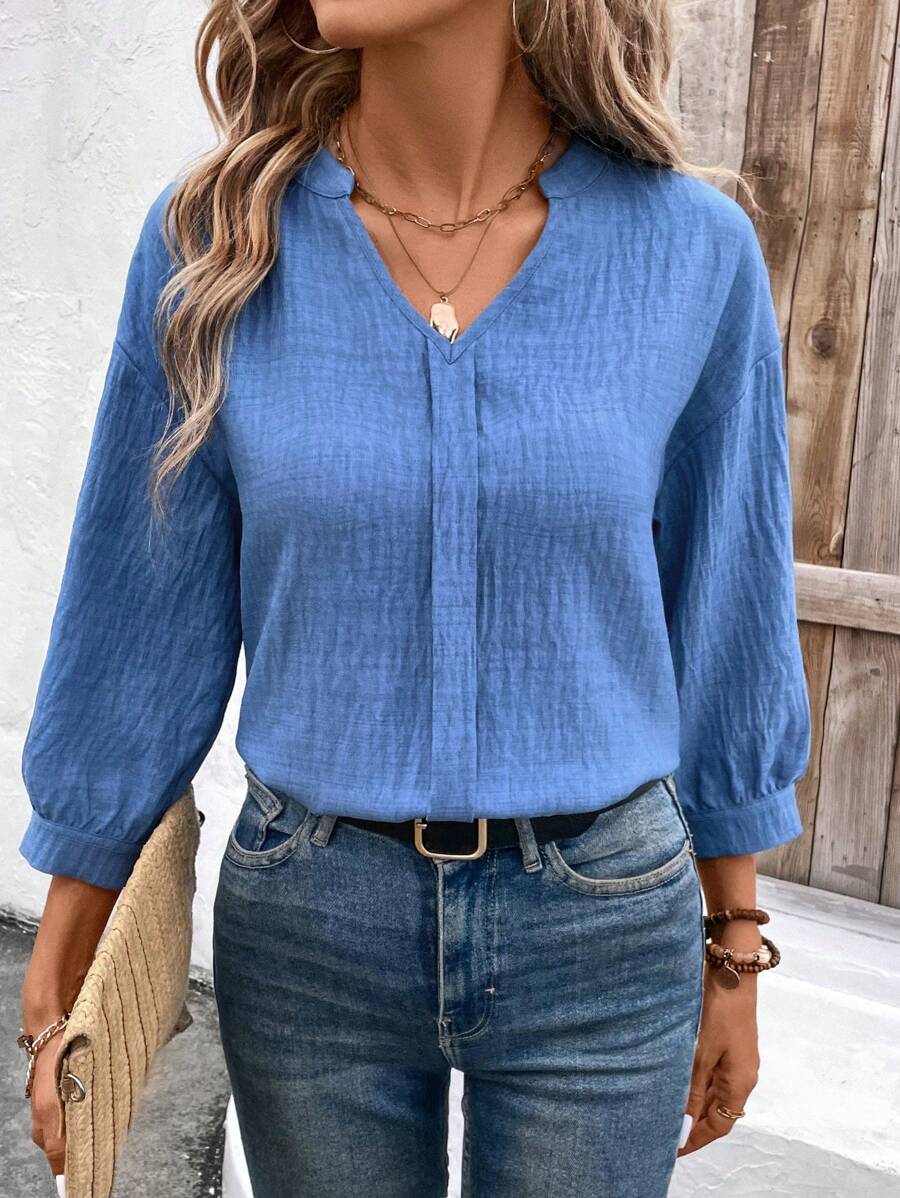 SHEIN Clasi Women's Casual Denim Effect Cutout Back Button Decor Blue Shirt For Holiday