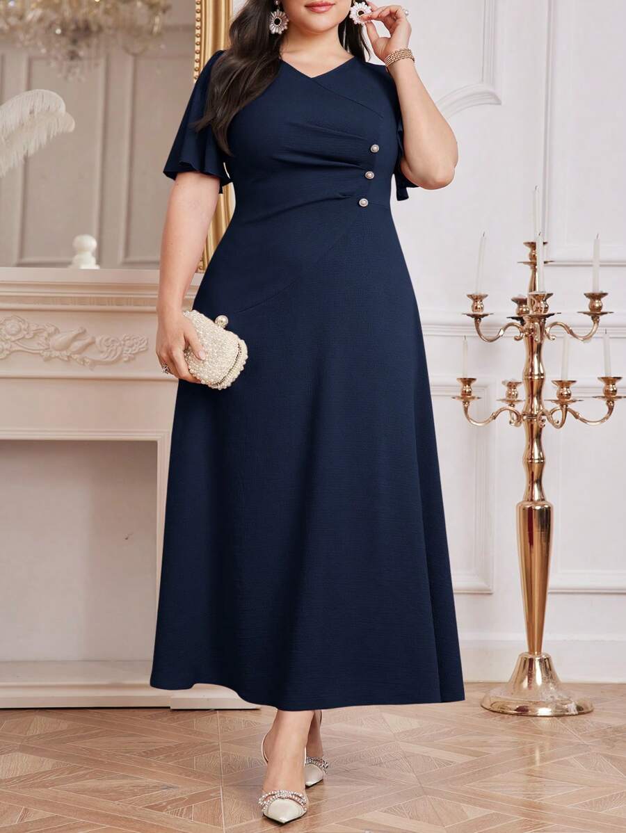 Modelyn Plus Size Women's Summer Solid Color V-Neck Short Sleeve Pleated Elegant Dress Long Evening Dresses