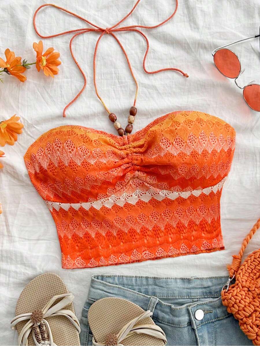Soleia WYWH Women Vacation, Graduation, Wedding, Easter Party Lunch Casual Summer Dress Outfit, Lightweight Knit Textured Halter Elastic Hem Cropped Tank Top, Orange Color