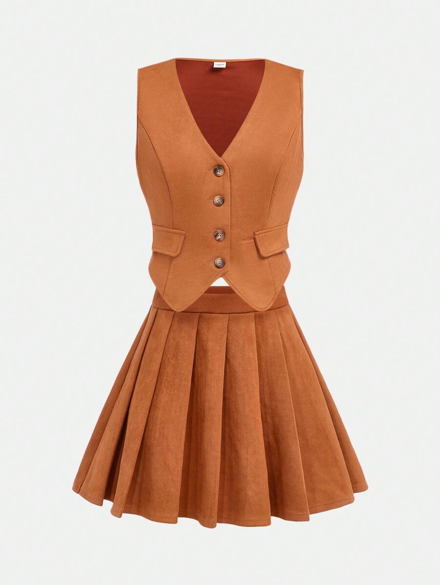 SHEIN Girlism Conjunto de dos piezas retro para adolescentes con chaleco y falda plisada en color marrón