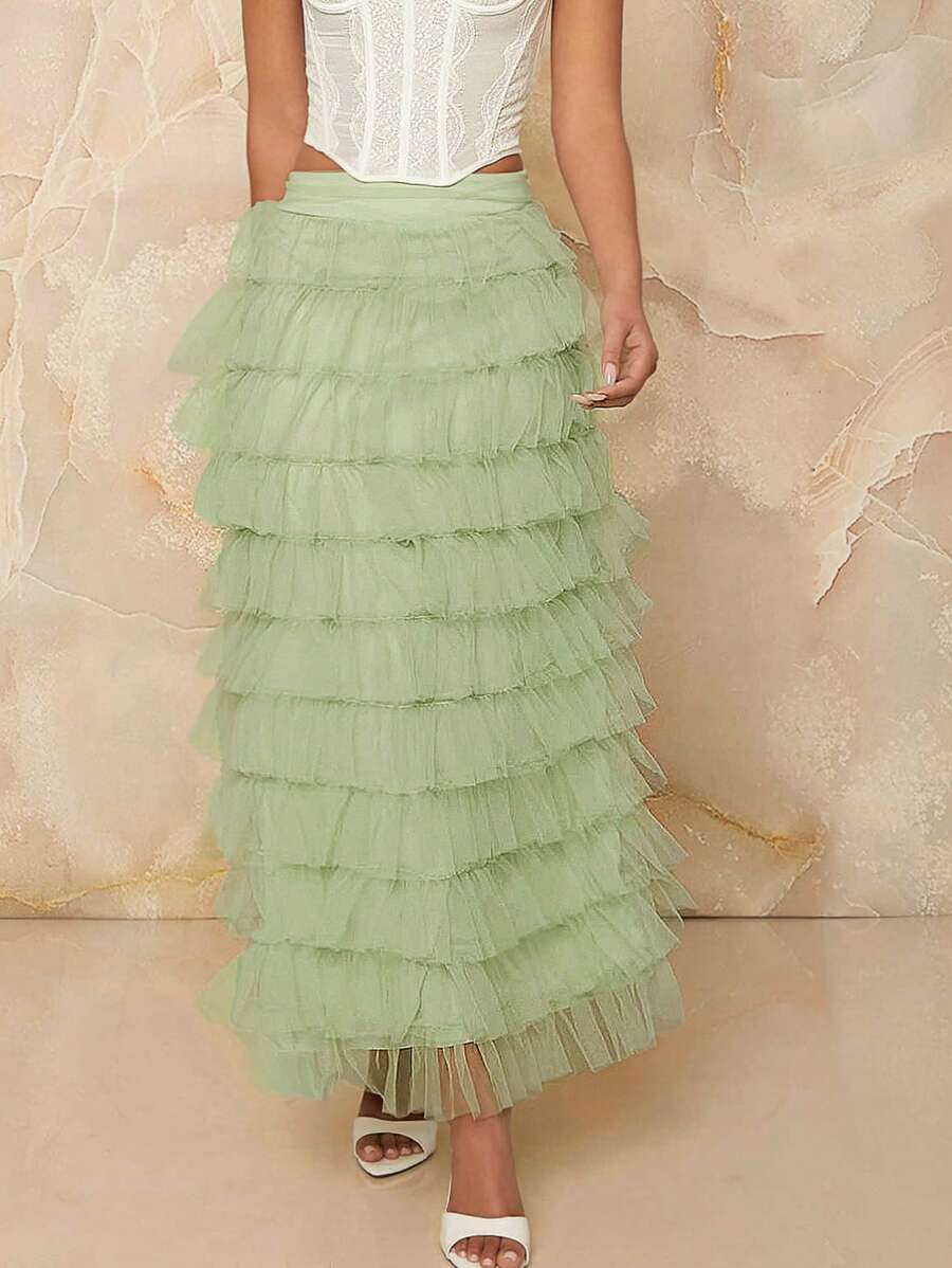SHEIN Unity Falda maxi elegante de volantes y malla de capas sólida