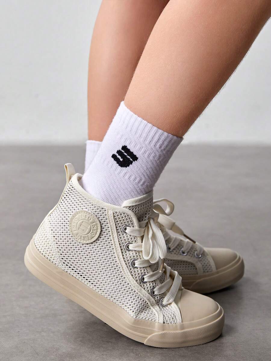 Fashionable All-Match Comfortable Breathable Mesh Casual Sneakers, White High-Top Skateboard Shoes For Kids, Spring/Summer
