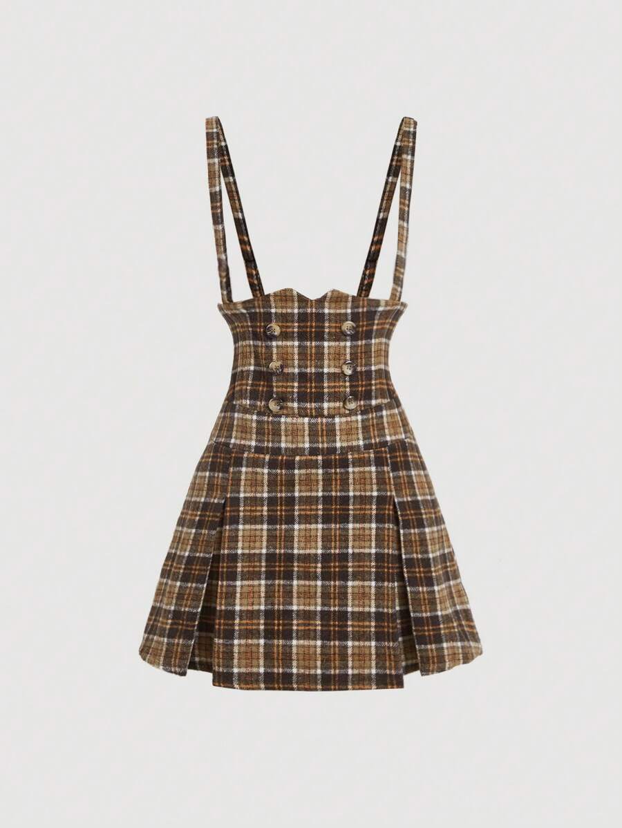 SHEIN MOD Vintage Plaid Suspender Sleeveless Sweater Dress Suitable For Back To School, Fall Dress, Plaid Dress, Back To School Outfit, Costume