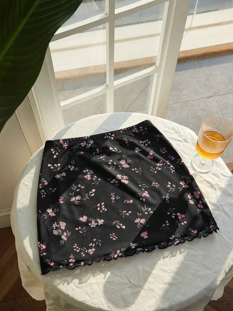 Comfortcana Summer Going Out Pink Floral Print Lettuce Trim Mesh Skirt