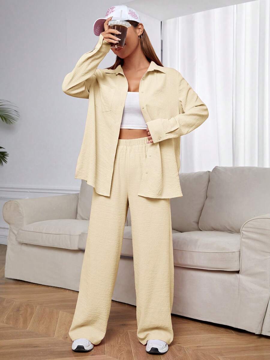SHEIN EZwear Conjunto de 2 piezas de camisa de botones de unicolor y pantalones para mujer