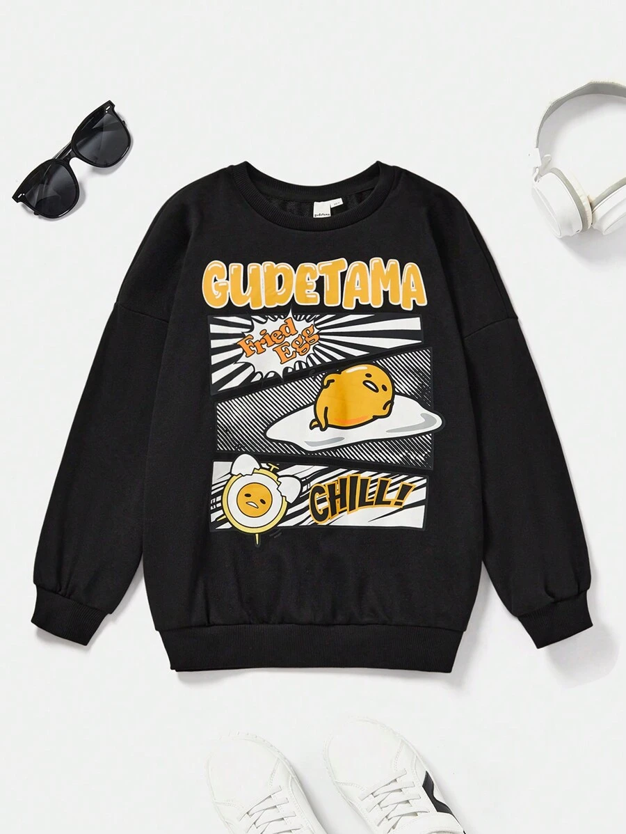 Gudetama X SHEIN Bluza Tween Boy o luźnym kroju i nadruku z okrągłym dekoltem i długim rękawem, czarna