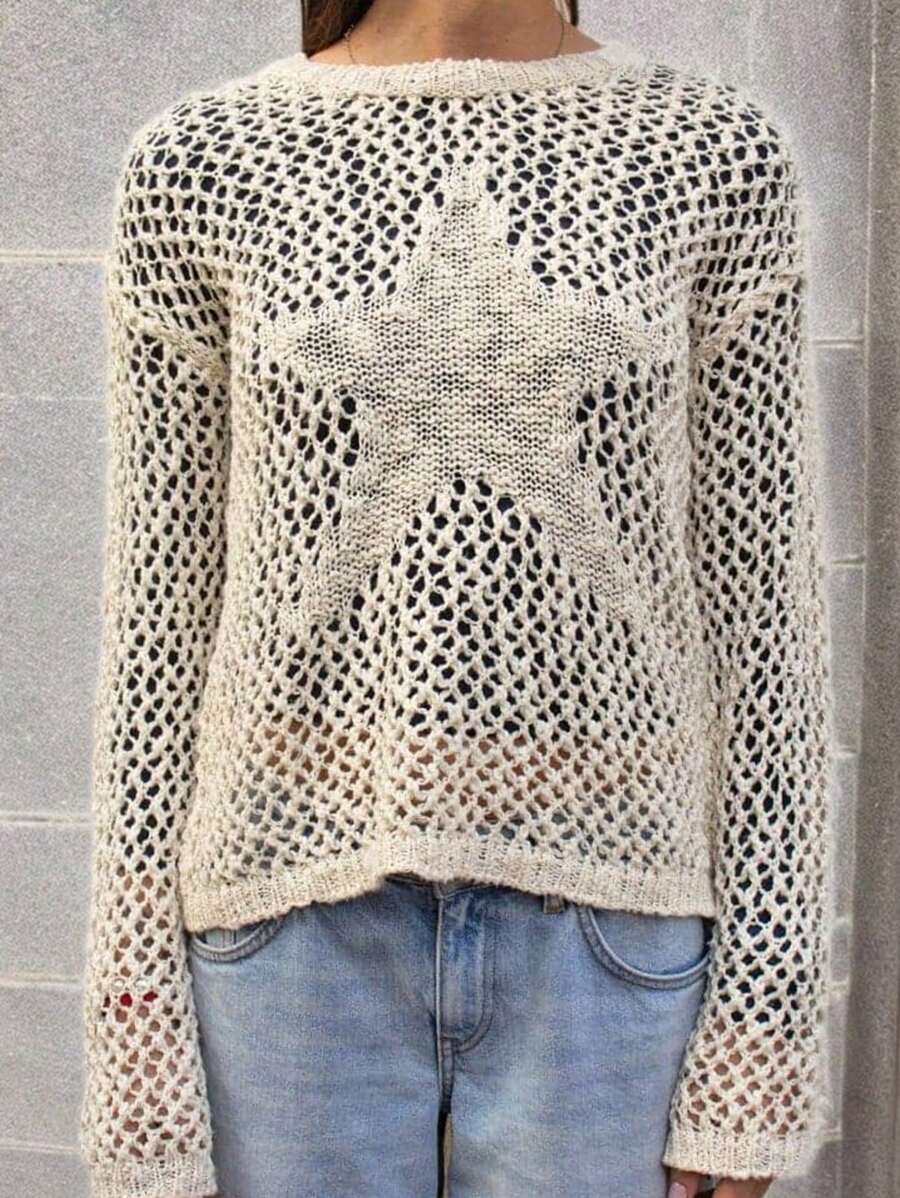 SHEIN EZwear Women's Early Autumn Large Mesh Hollow Star Pattern Sweater, Suitable For Daily Wear, Best-Selling Style