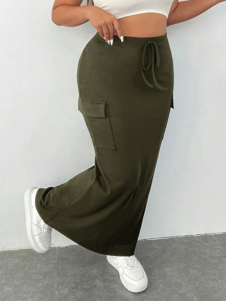SHEIN EZwear Falda maxi informal de talla grande con bolsillo tipo cargo y cinturón