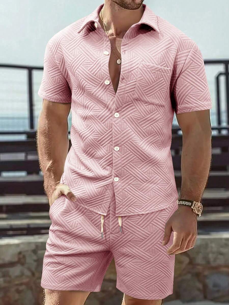 Manfinity RSRT Men's Summer Solid Color Pocket Short Sleeve Shirt And Shorts Casual Set