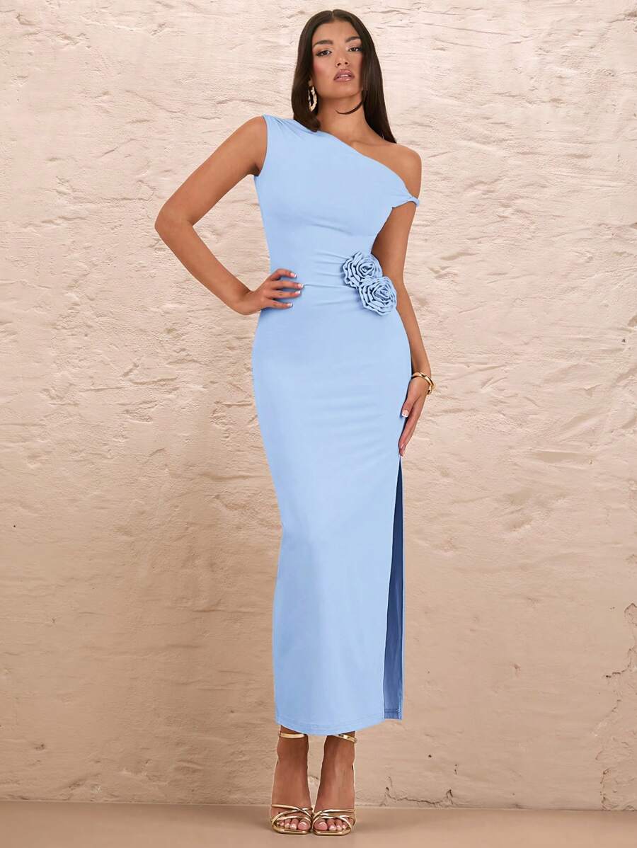 SHEIN BAE Vestido con estampado floral 3D con abertura alta para mujer, hombro asimétrico, unicolor, pliegues y hombro oblicuo sexy, para verano, vacaciones y citas románticas