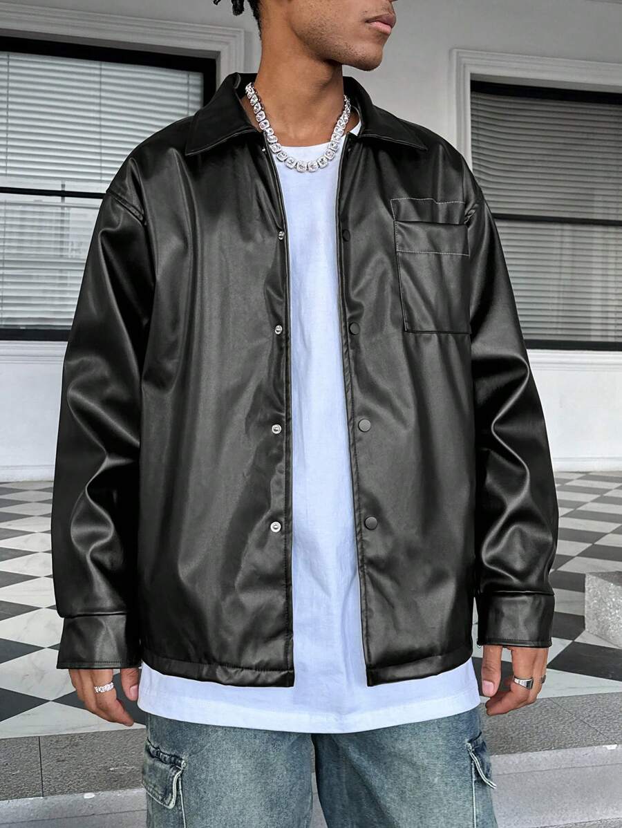 Manfinity Streetrush Chaqueta de manga larga con botones y bolsillo frontal de unicolor para hombre