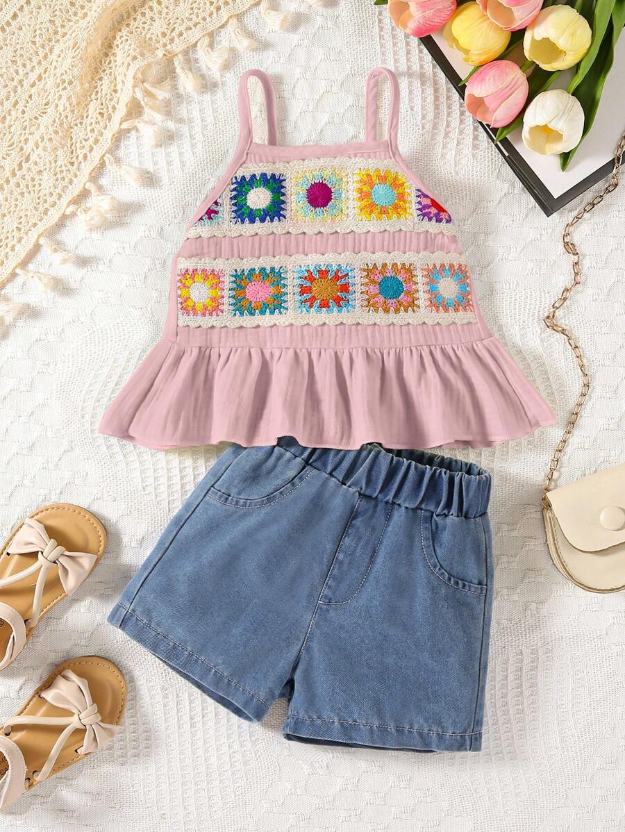 Set van 2 hemdjes en denim shorts voor babymeisjes