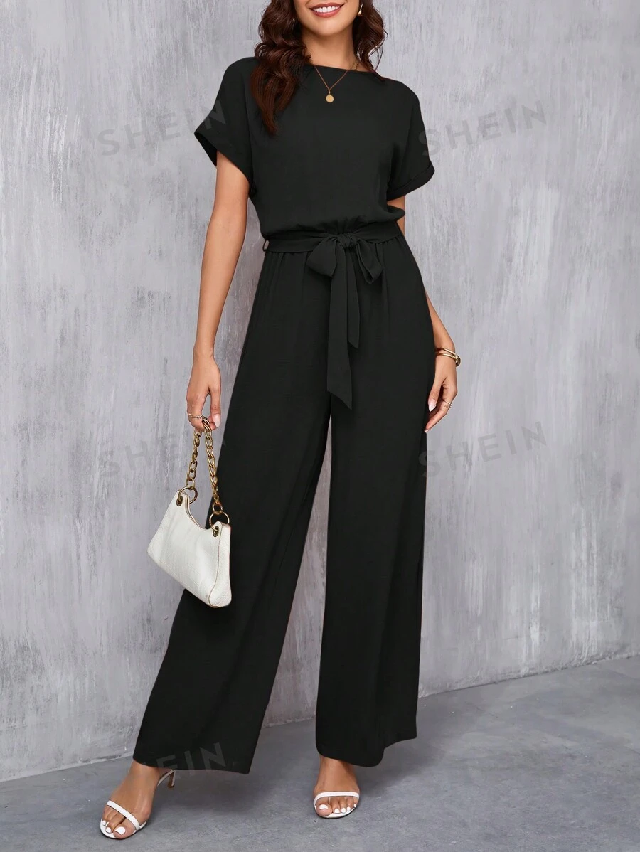 SHEIN Clasi Mono elegante de pierna ancha con cuello redondo y cinturón para mujeres