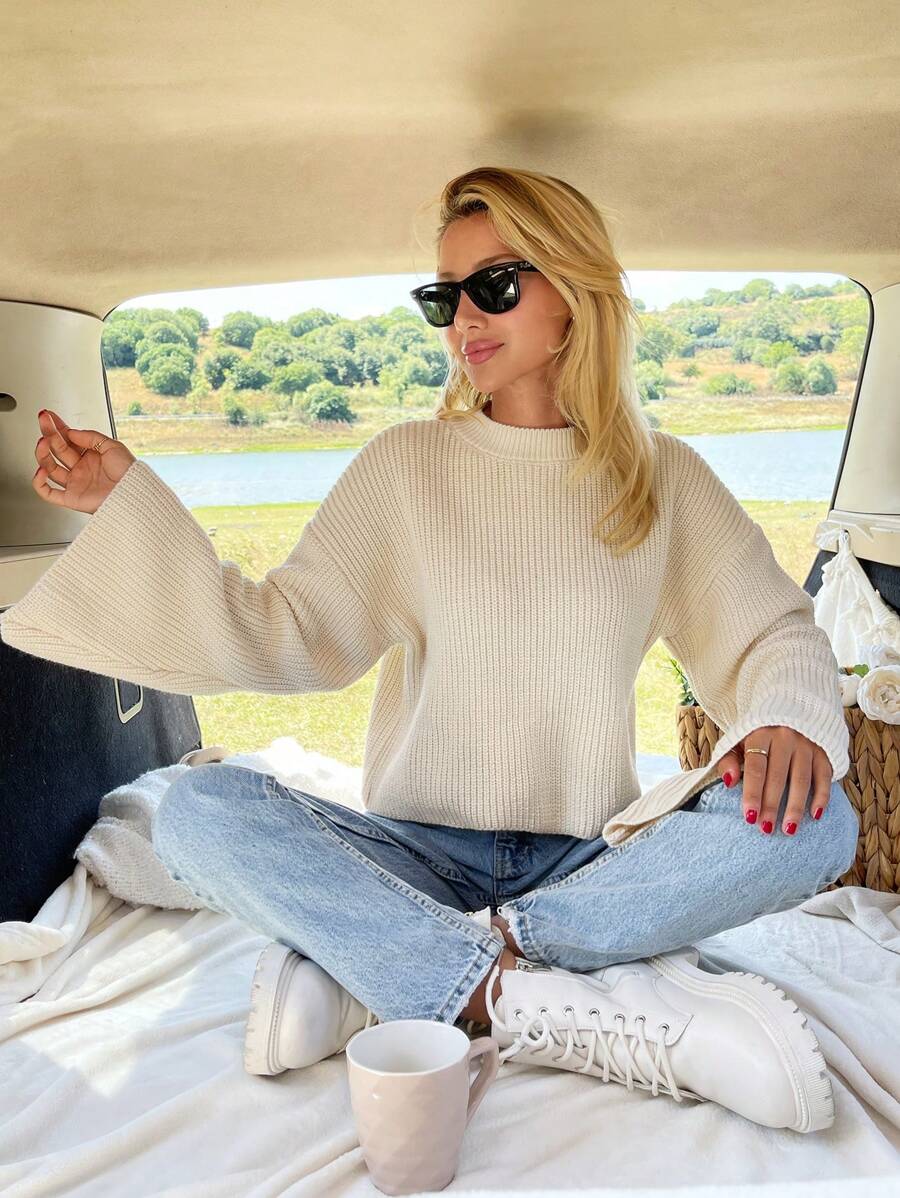 RueChic Women Bell Sleeve Cropped Oversize Casual Sweater