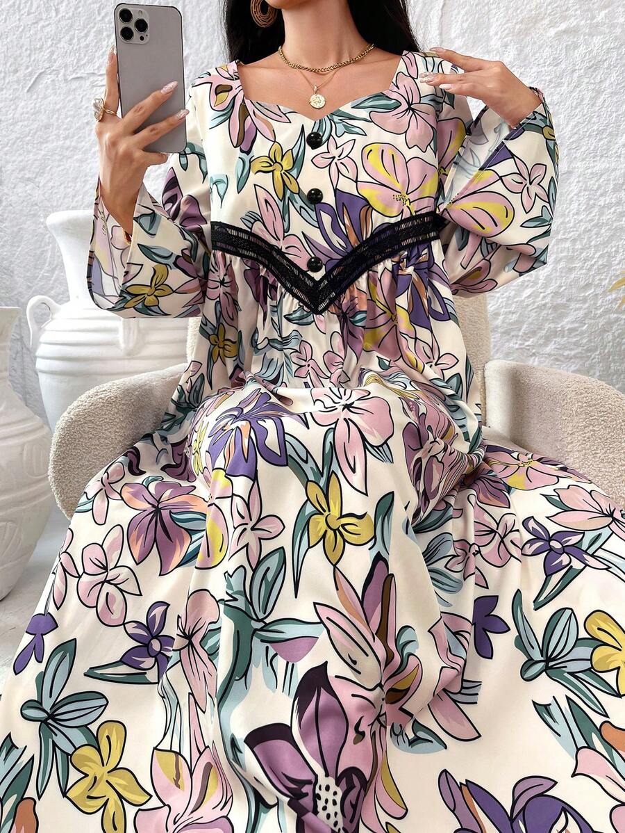 Al Najma Elegante, losse, bescheiden jurk met lange mouwen en willekeurige bloemenprint voor dames