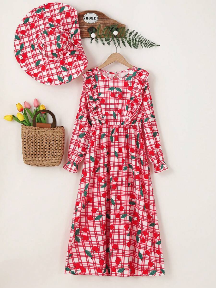 SHEIN Girls' (Big) Casual Sweet Cherry Plaid Ruffle Collar Long Sleeve Dress With Hat, Ideal For Vacation