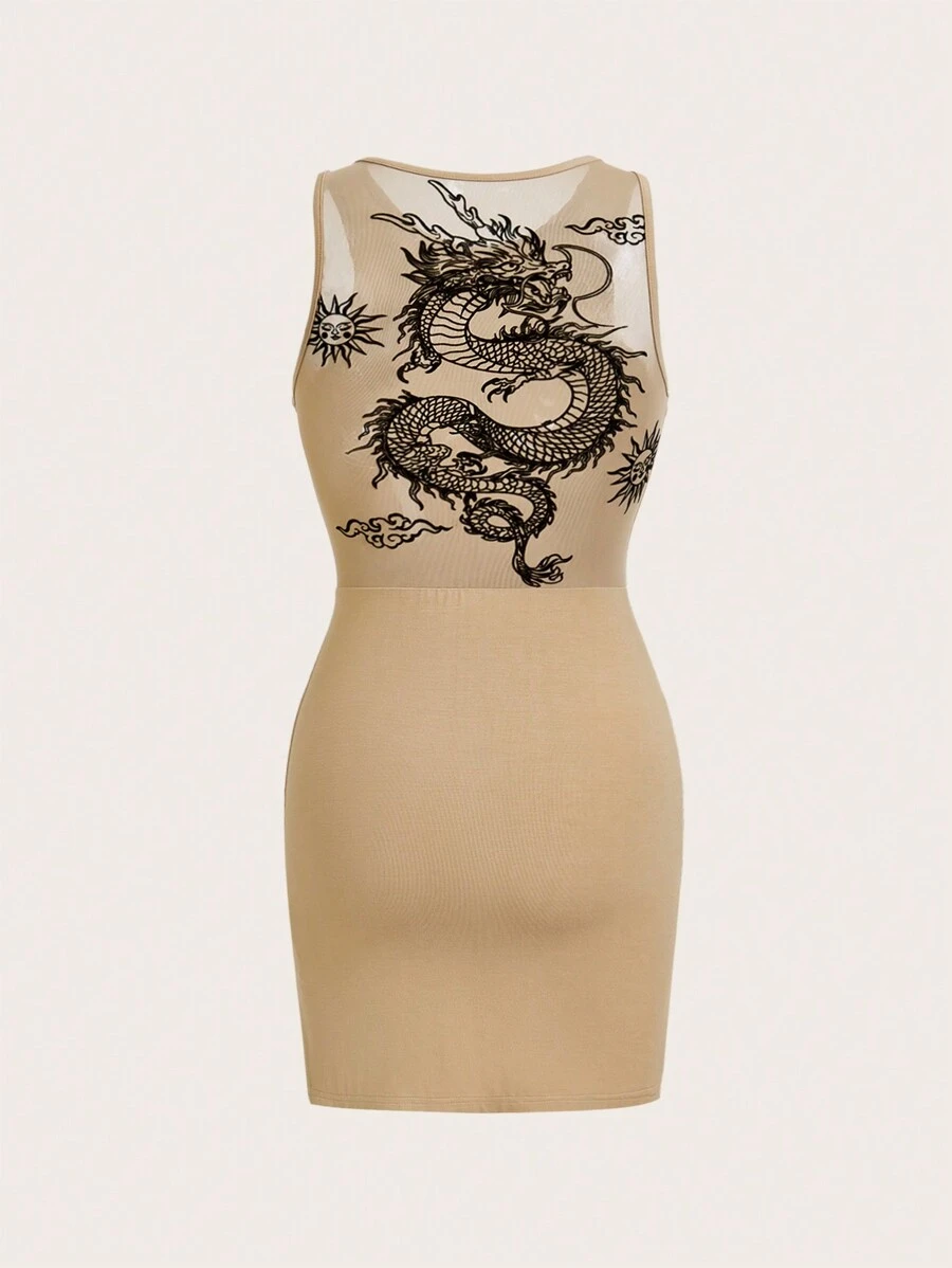 SHEIN ICON Dames Y2K zomer patchwork Chinese draak mesh ronde hals mouwloze mini-jurk
