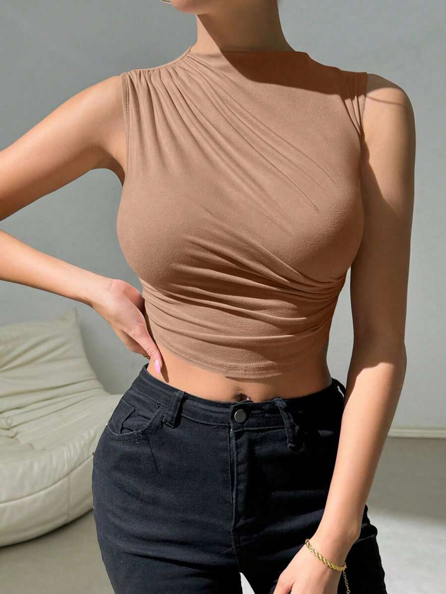 Allurite Dames zomer effen kleur opstaande kraag asymmetrische zoom tanktop met ruches