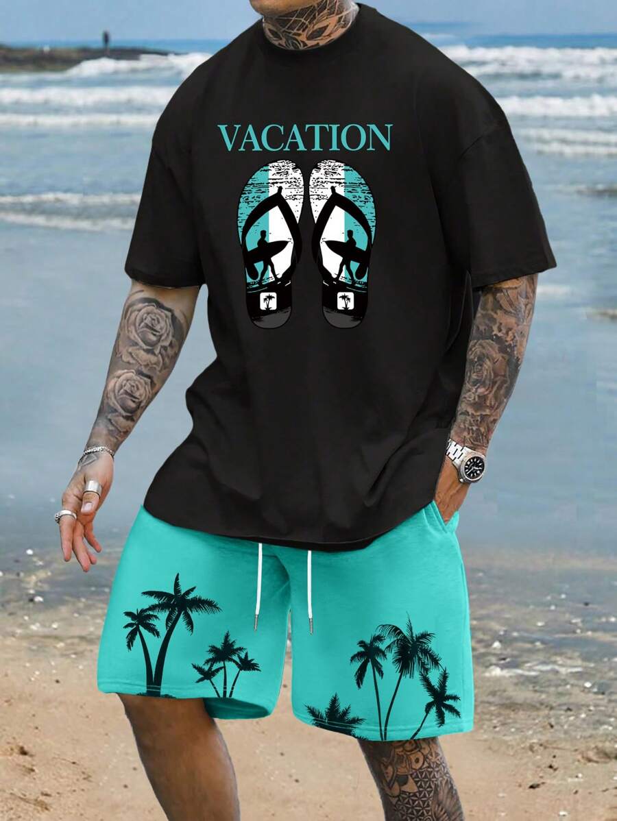 Manfinity RSRT Conjunto de 2 piezas para hombres de talla grande: camiseta de cuello redondo de manga corta con gráfico de letras y pantalones cortos tropicales con cordón, adecuado para vacaciones y playa