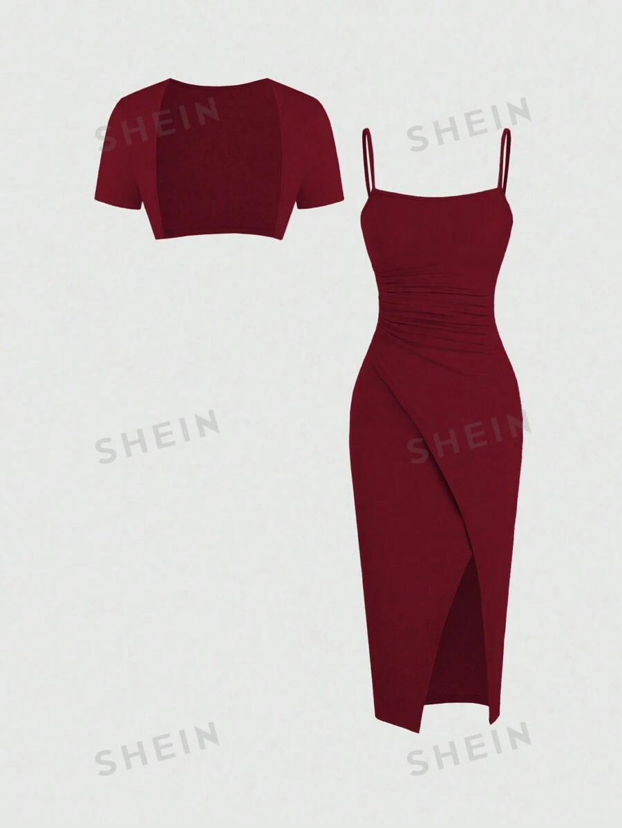 Sweetra Set de 2 piezas compuesto por un vestido de tirantes finos y una blusa de manga corta, lisos y casuales, para usar diariamente, ideal para Año Nuevo