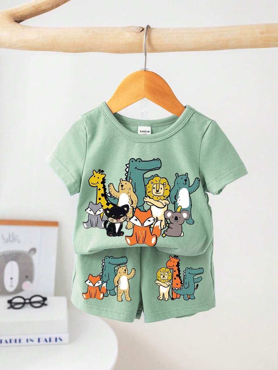 Baby Boys Casual Cartoon Animal Sports Pattern Short Sleeve T-Shirt & Shorts Set, Summer