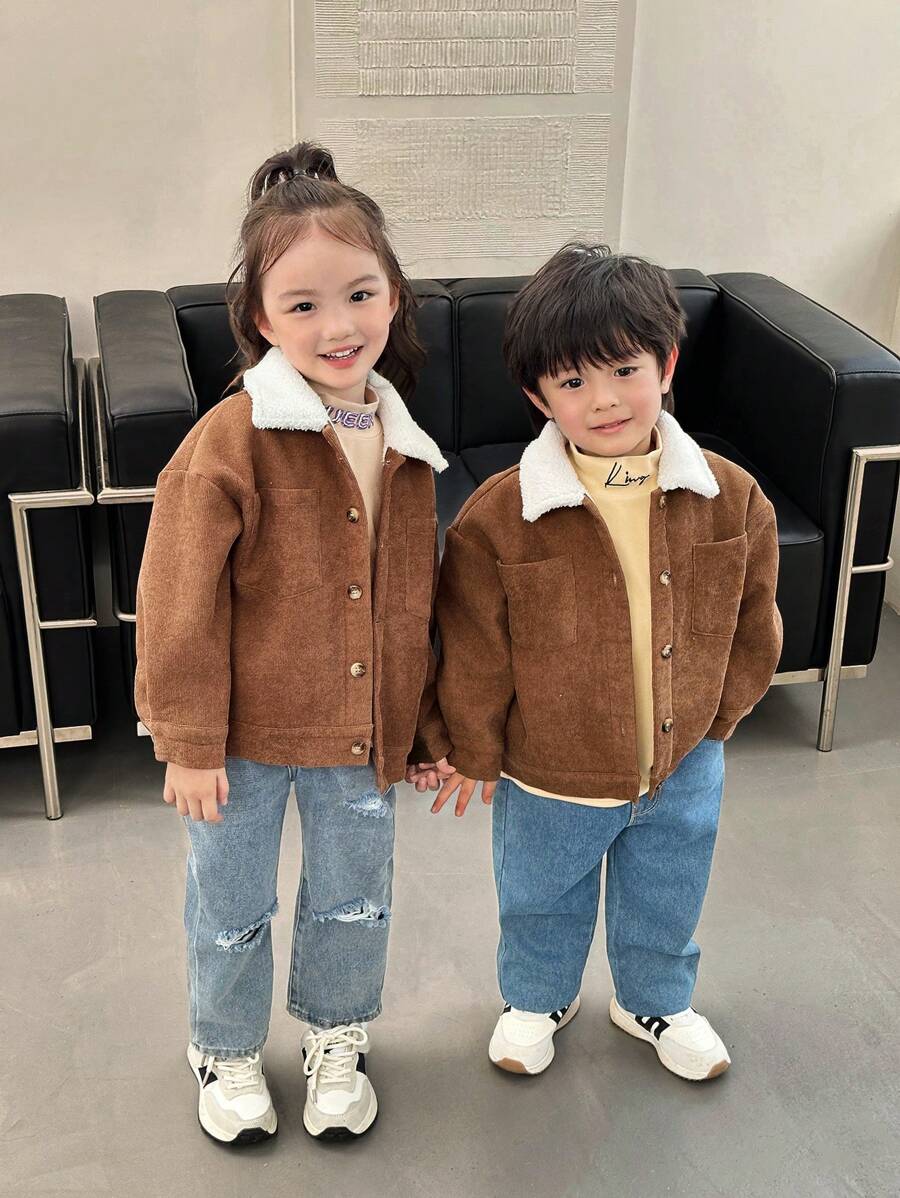 SHEIN 1pc Young Boys Casual Comfortable Fashion Simple Loose Fit Corduroy Lined Jacket, Suitable For Bomber Jacket, Varsity Jacket, Y2K Jacket, Boys Jacket, Kids Outfits, Young Boy Clothes, School Back To School Outfits, Suitable For Daily Wear, School, Travel, Sports, Autumn/Winter Season