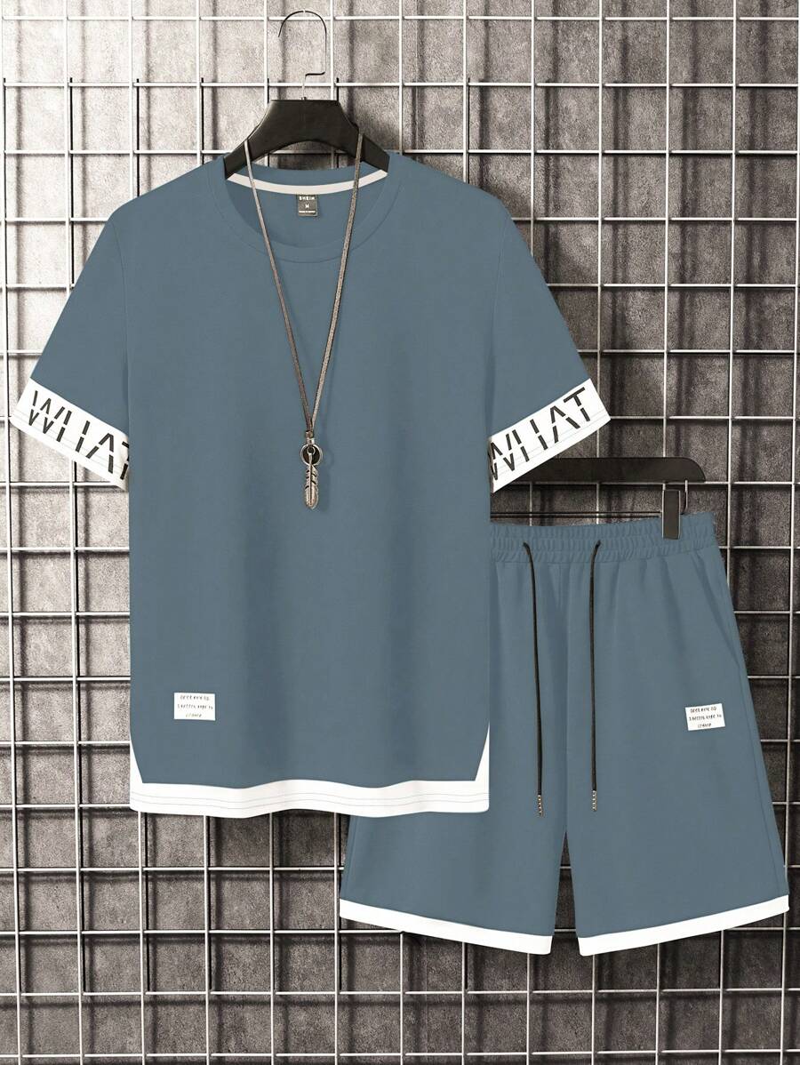 Manfinity Homme Hombres verano deportes y ocio camiseta de manga corta de cuello redondo impreso de bloques de color letras y pantalones cortos