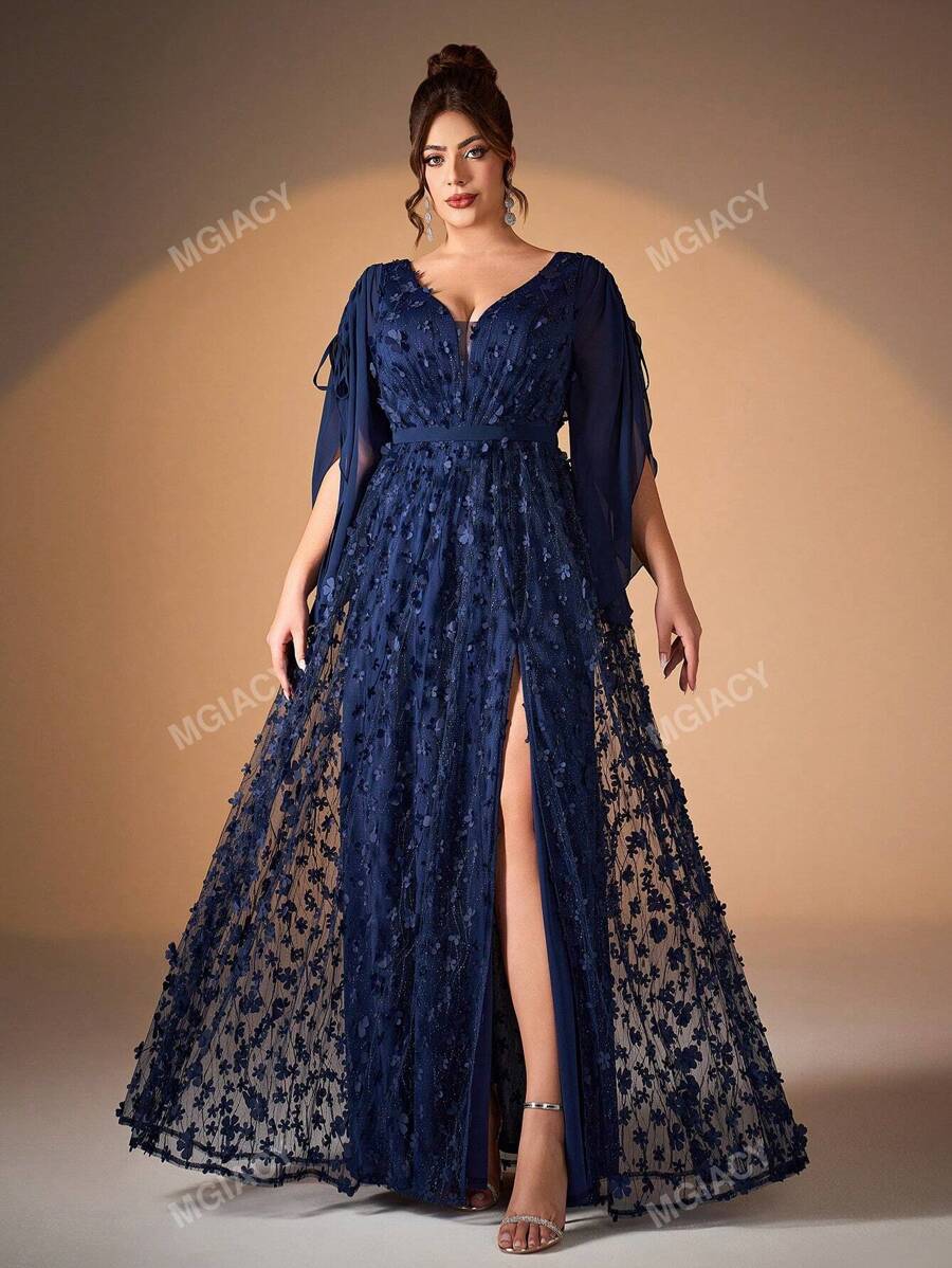 Vestido de graduación de gama alta, vestido de fiesta, vestido de baile de graduación, con cuello en V, mangas con aplicaciones de encaje y perlas, y bordados en 3D de Mgiacy para tallas grandes