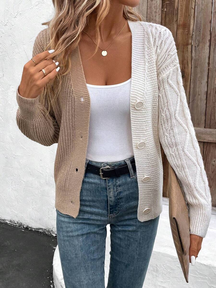 SHEIN LUNE Color Block Button-Up Casual Long Sleeve Cardigan