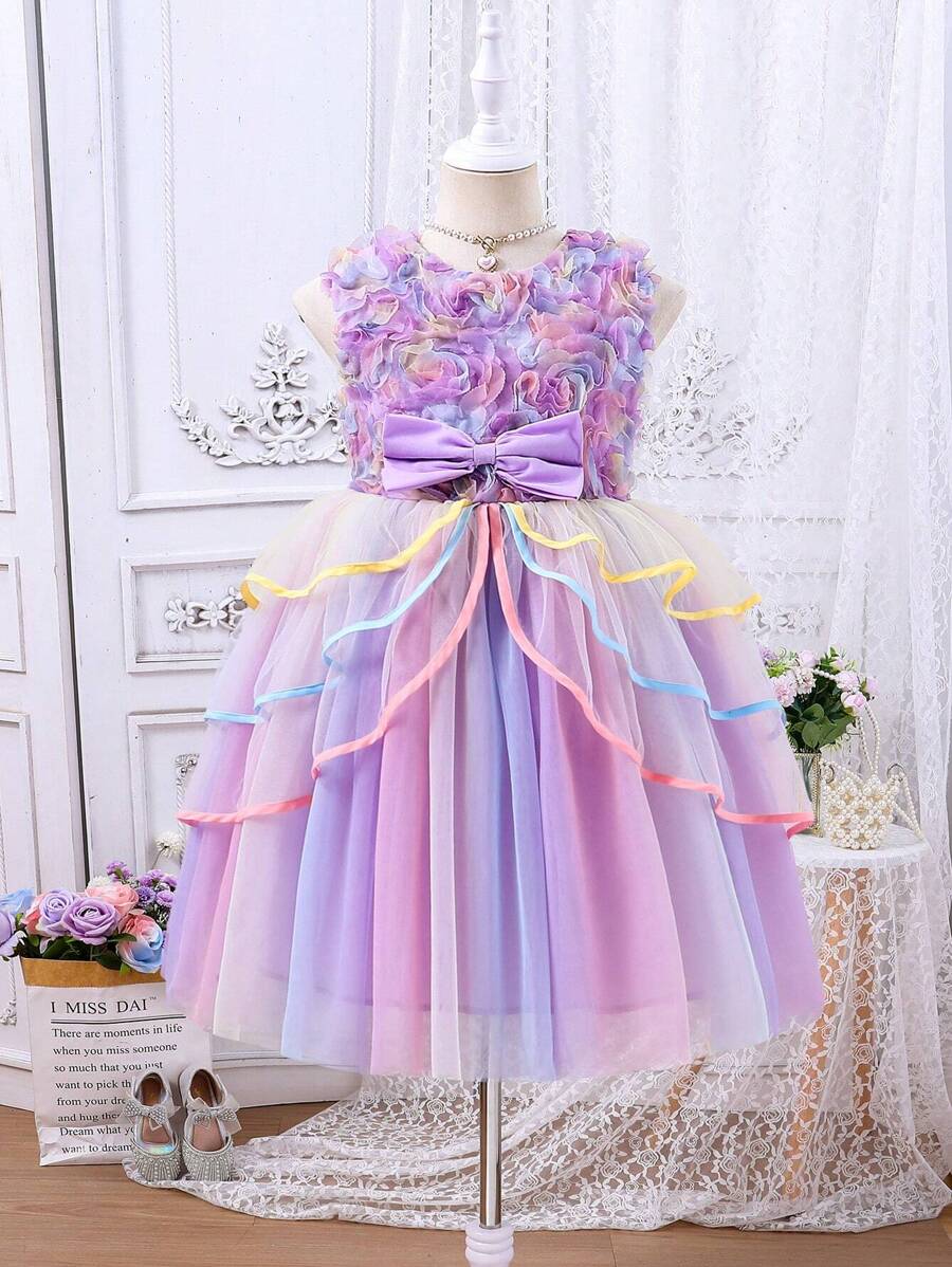 Girls Sleeveless Floral Embroidered Tulle Evening Dress, Flower Girl Wedding Party Gown For Junior Bridesmaids, Piano Recital & Pageant Performance