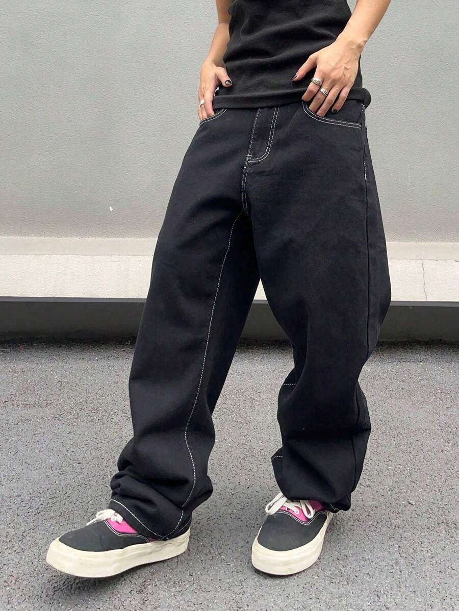 Manfinity Hypemode Plus Size Solid Color Simple Daily Wide-Leg Pants, Plain Long Baggy Dark Wash Jeans Black Washed Cargo Jeans, For Husband, Boyfriend Gifts