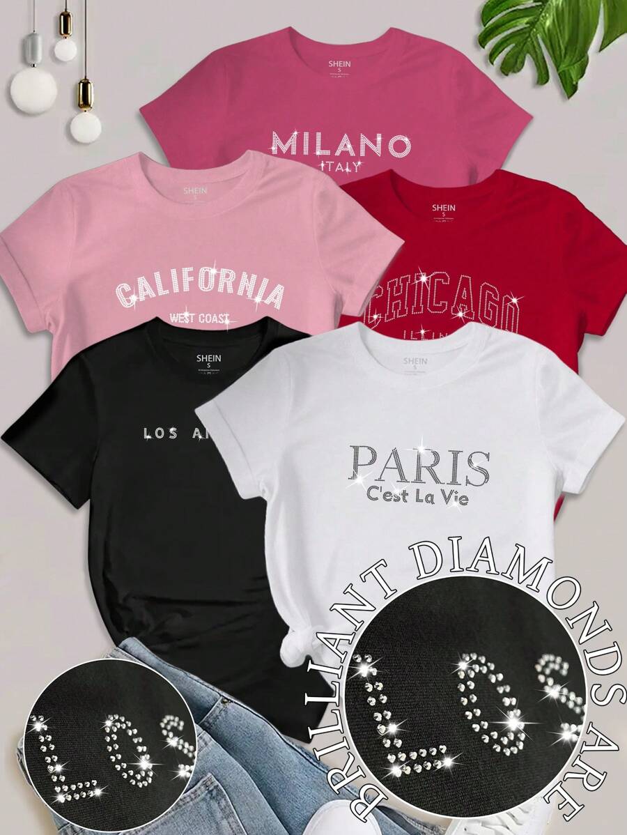 SHEIN MOOSTA 5PCS Women's Slogan Los Angeles MILAN CALIFORNIA PARIS CHICAGO Printed Hot Rhinestone Decoration Round Neck Short-Sleeved T-Shirt Graphic Tees Women Tops