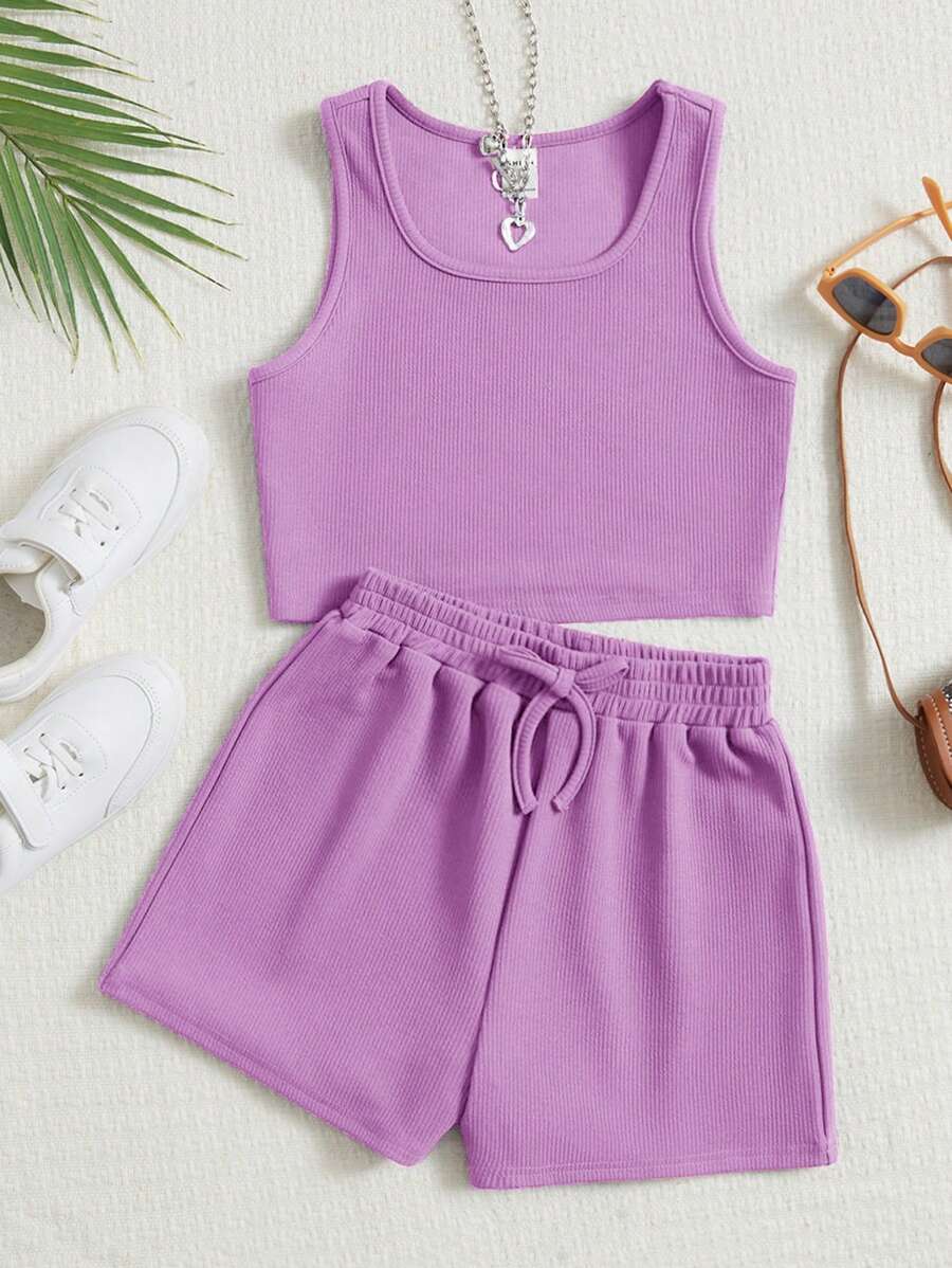SHEIN Tween Girls' Knitted Fitted Cropped Tank Top And Shorts 2-Piece Set Summer Outfits