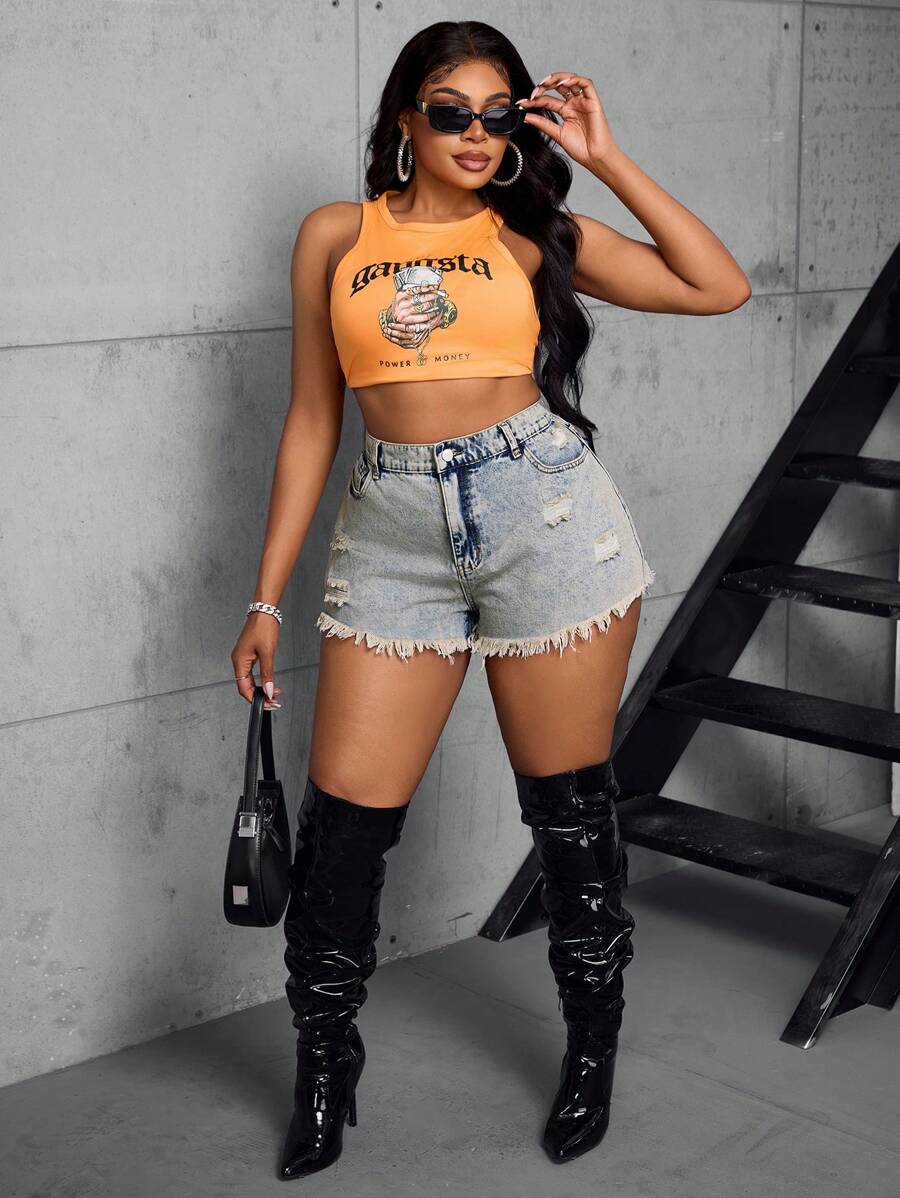 SHEIN SXY Plus size hoog getailleerde A-lijn noodlijdende denim shorts met gerafelde zoom