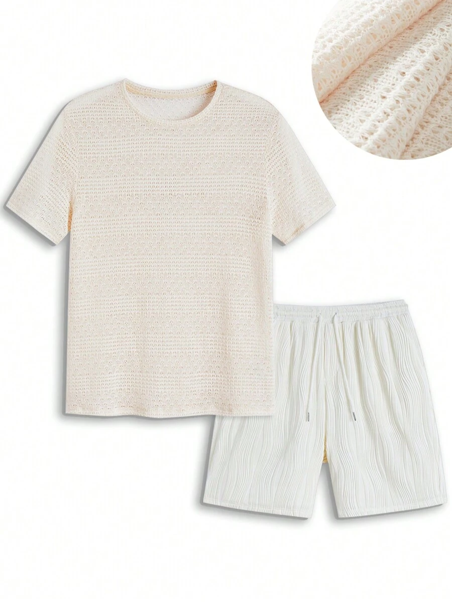 Manfinity VCAY Heren gebreid bijpassend casual T-shirt met ronde hals, korte mouwen en rechte casual shorts, 2 stuks, zomer