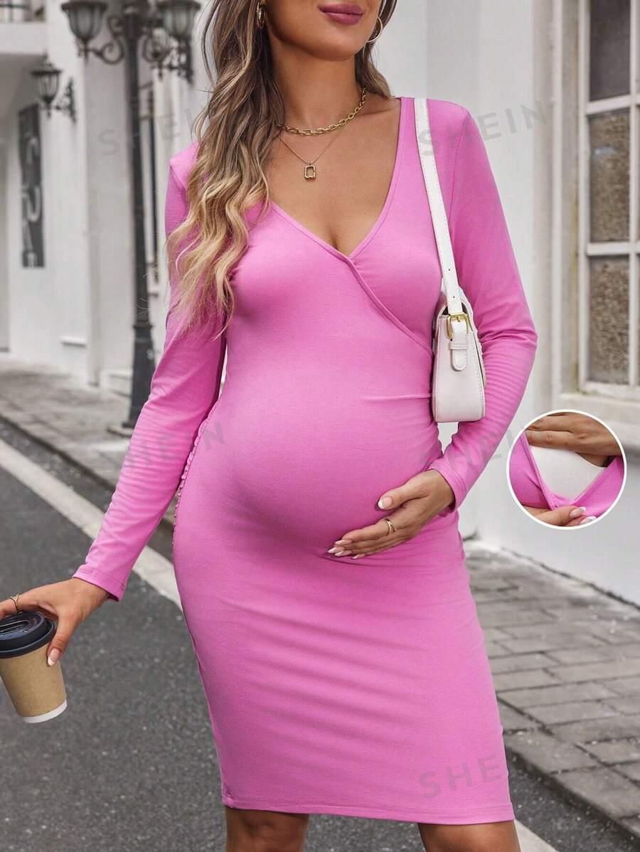 SHEIN Vestido largo de manga larga informal de unicolor para mujeres embarazadas