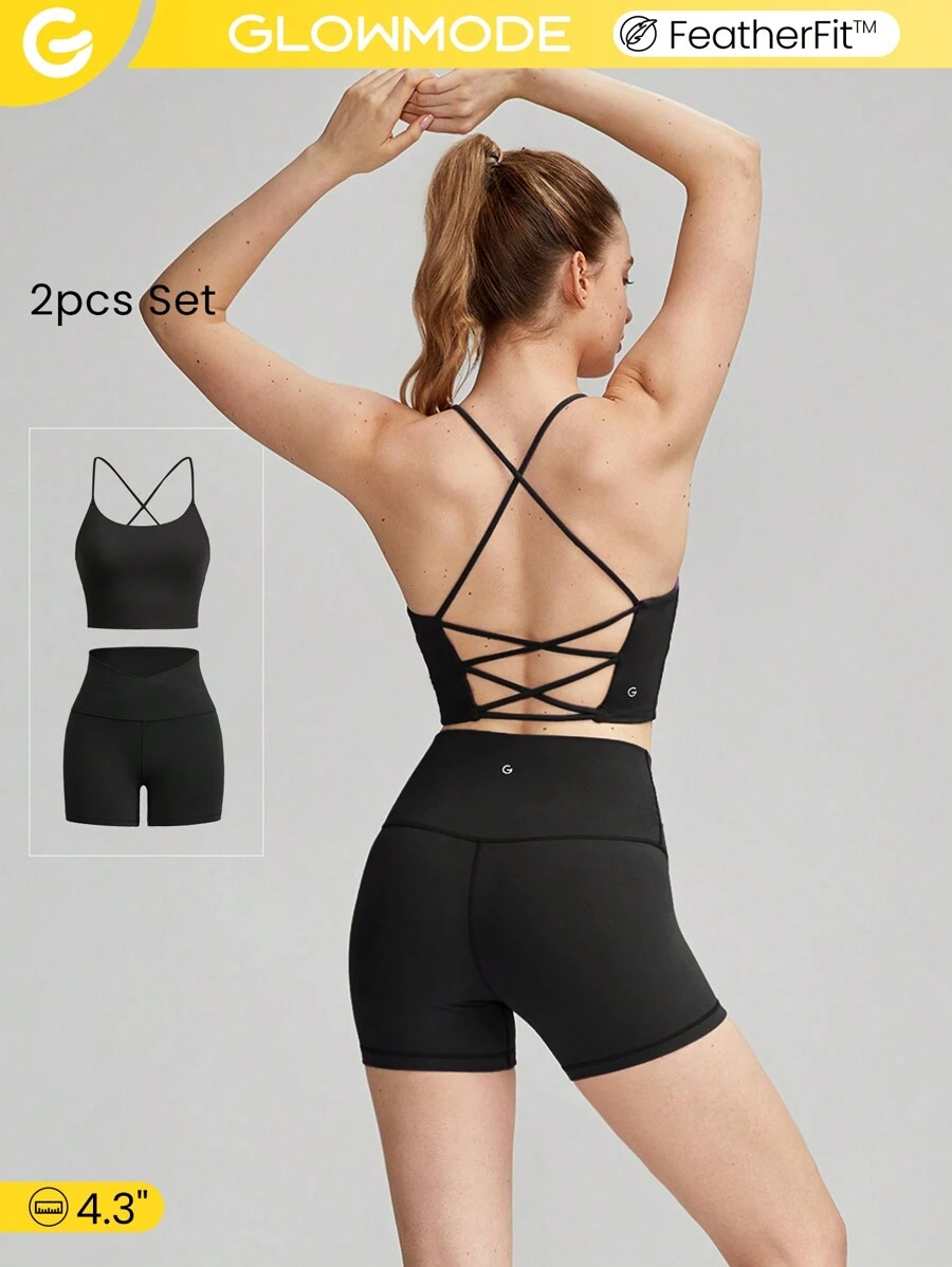 GLOWMODE FeatherFit™ Sports Bra & 4.3'' Shorts Set Crisscross Back Bra Tank Top With Crossover Biker Shorts Low Impact Yoga Daily Running Gym Workout Summer